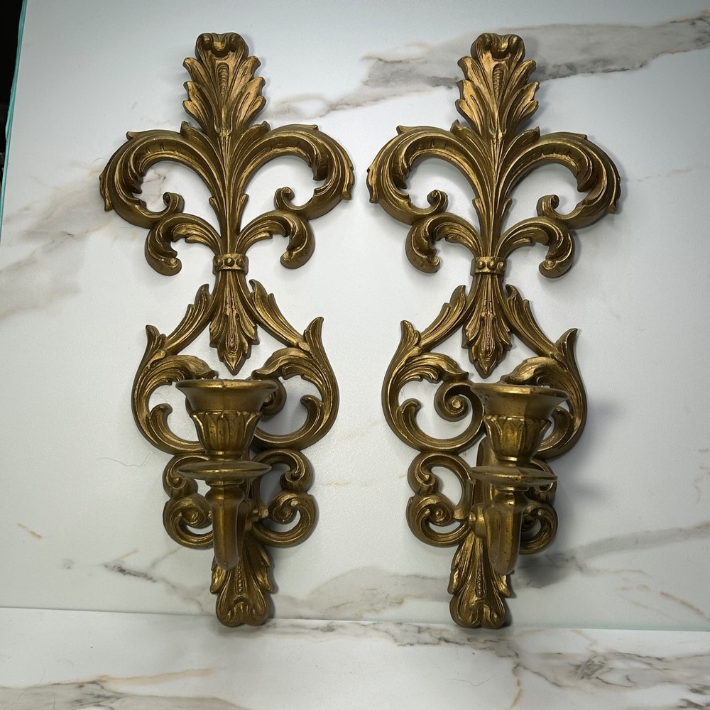 Vintage Burwood Products Co Gold Fleur De Lis Wall Sconce Pair 4422-3 USA Made